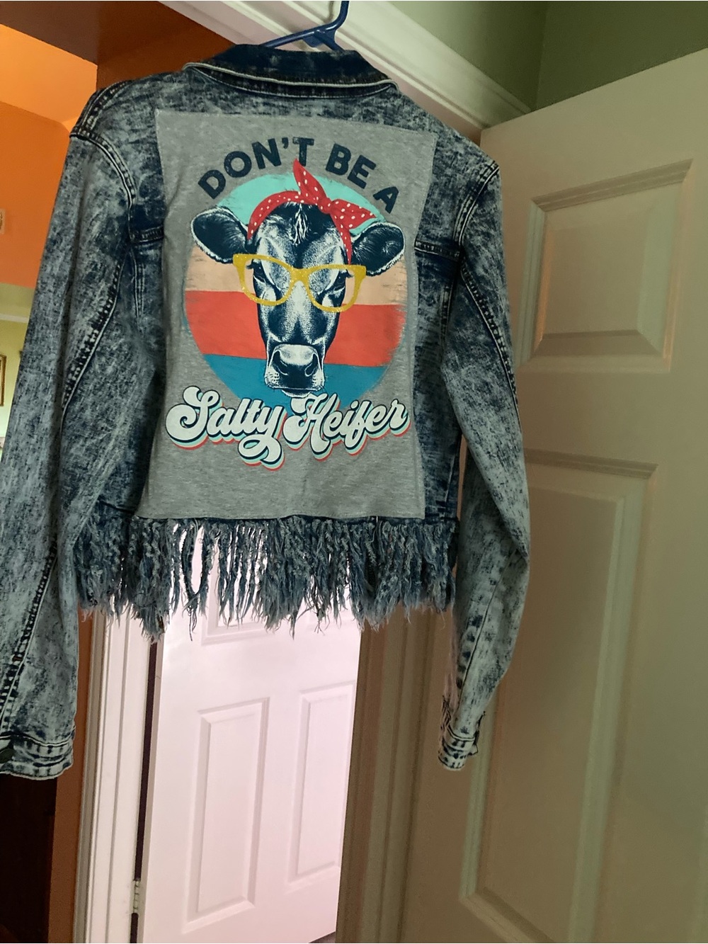 Crazy Train Acid Wash Denim Jacket with Multicolor Cow Graphic
